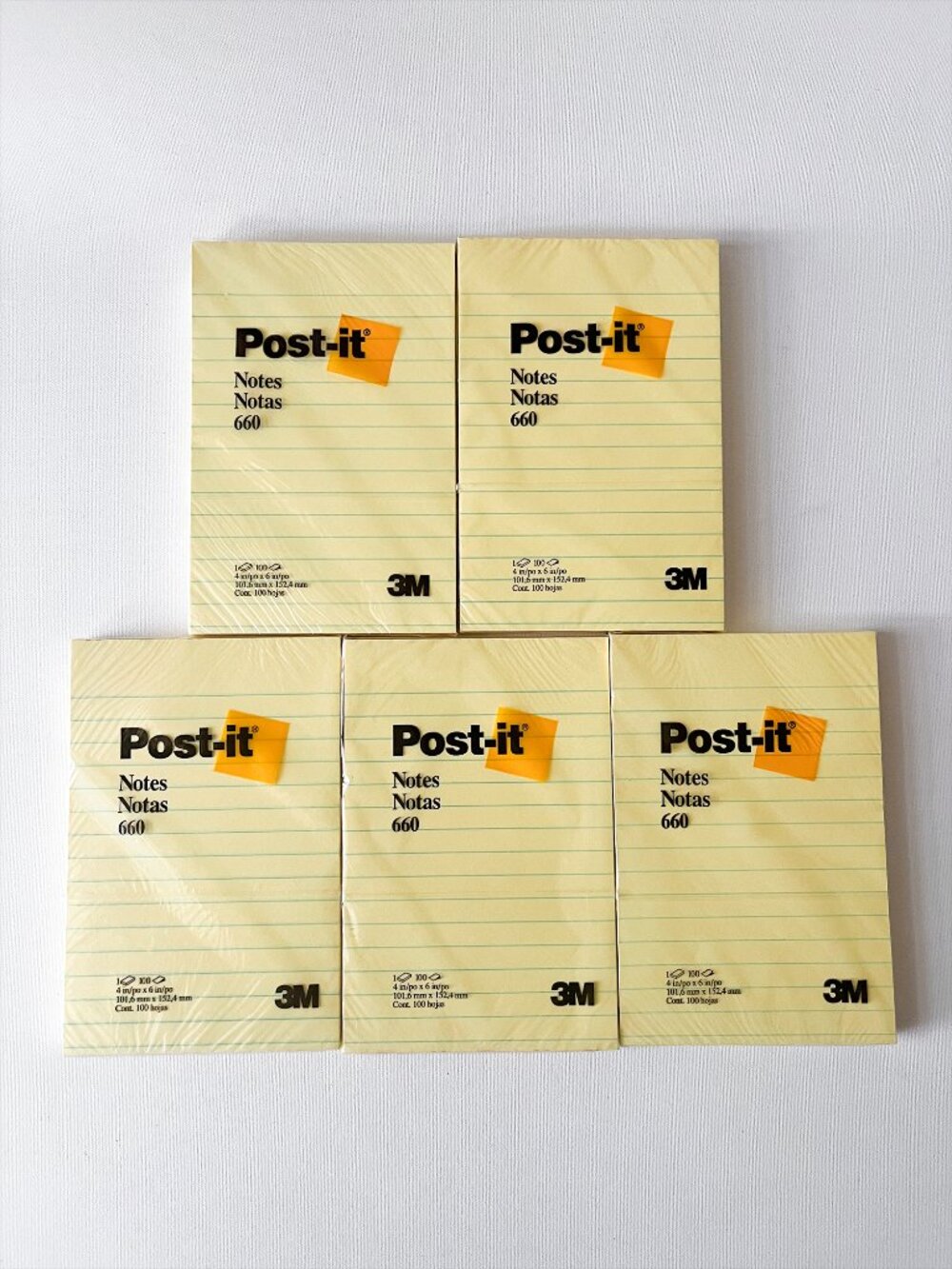 Lot of 5 3M Post-it Notes 4x6 Lined Canary Yellow Model 660 (100 Sheets/Pad)
